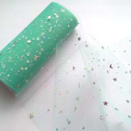 Galanterie: Dekorační tyl hvězdy šíře 15 cm (1m) - mint