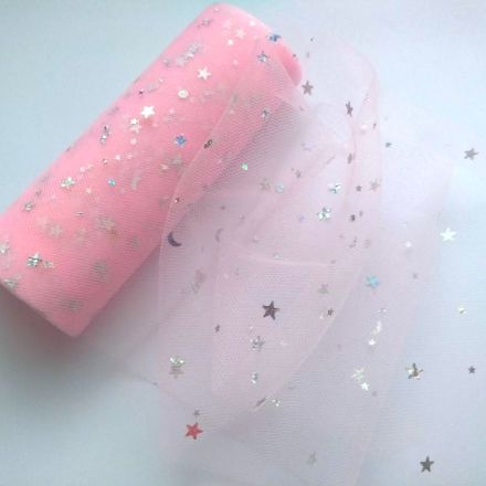 Galanterie: Dekorační tyl hvězdy šíře 15 cm (1m) - růžová