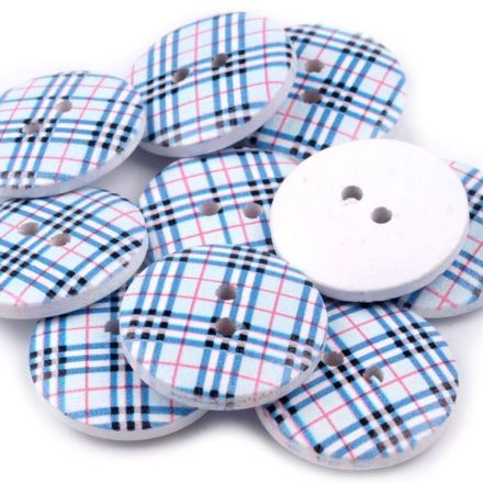 Galanterie: Dřevěný knoflík káro 20 mm (1ks) - modrá